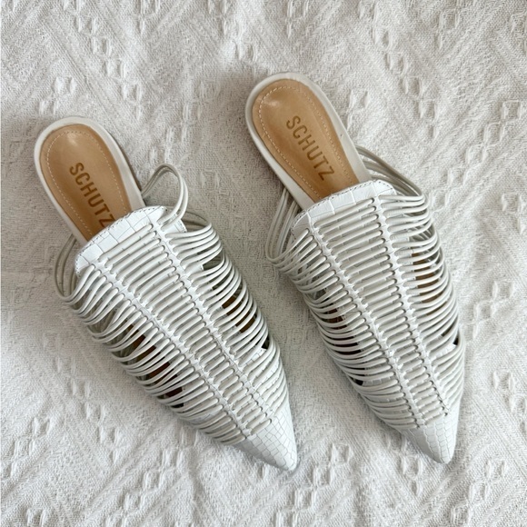 SCHUTZ Shoes - SCHUTZ Rosalyn Point Toe White Woven Mules